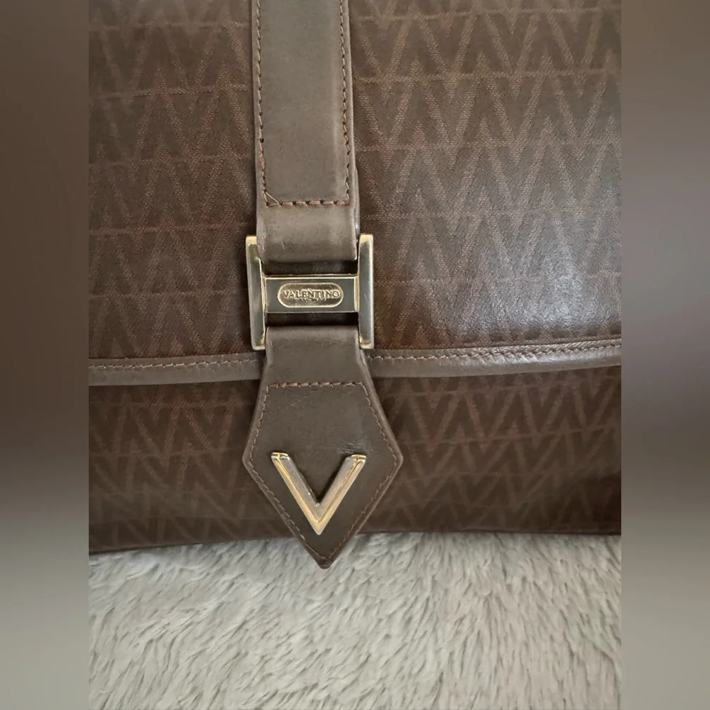 Mario Valentino Vintage Italian Monogram Crossbody Bag Brown Leather Trim - EUC